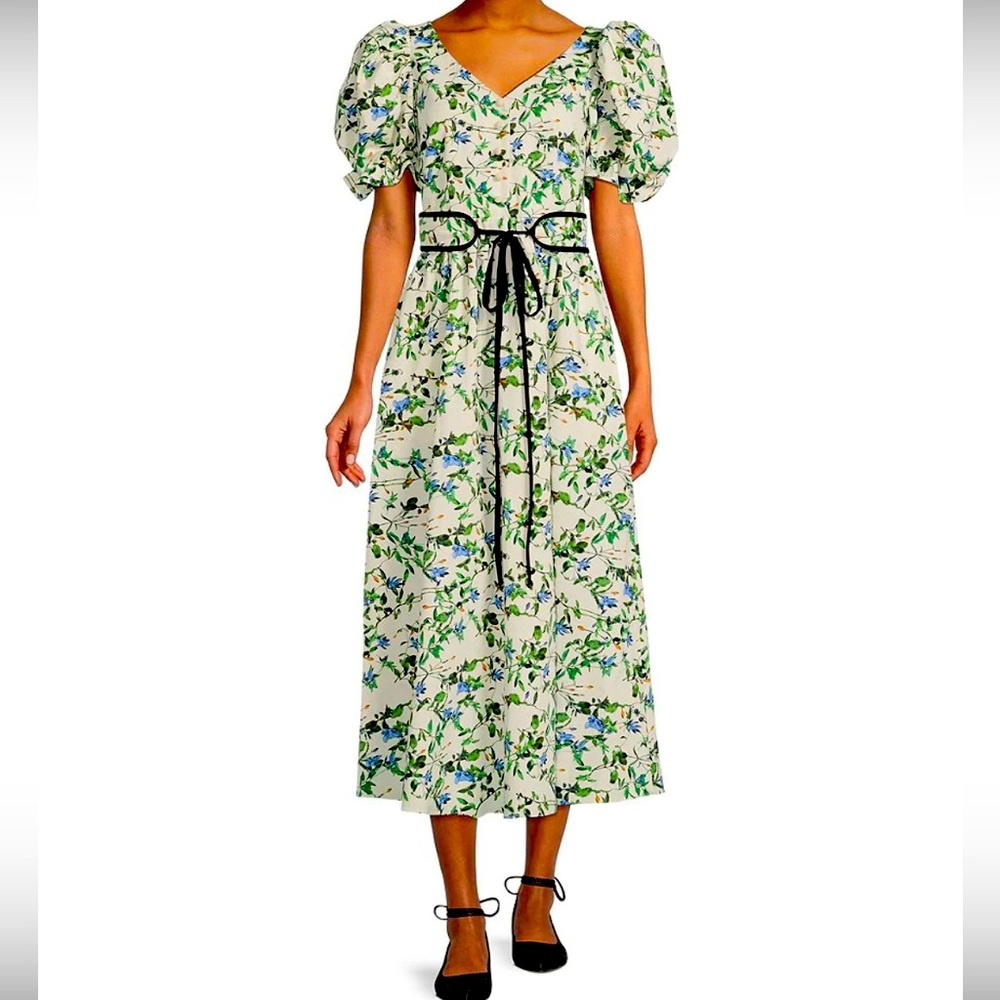 Tie Waist Short Puffed Sleeve V-Neck Midi Dress